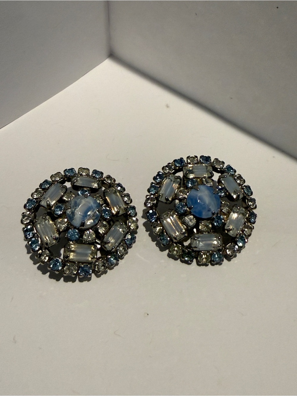 Vintage Unlnown Brand Blue moonstone & Rhinestone cluster earrings Mid-Century